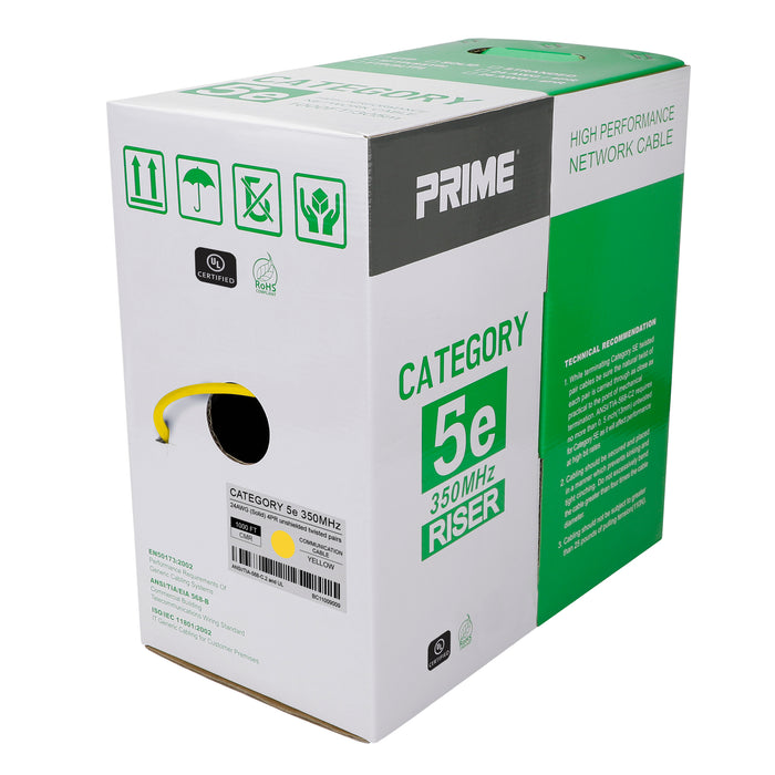 Cat5e UTP 24AWG Solid CMR Bulk Cable, 1000ft, Yellow (UL)