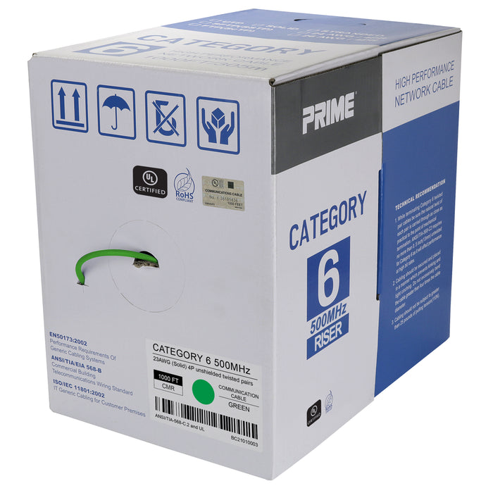 Cat.6 UTP 23AWG Solid CMR Bulk Cable, 1000ft, Green (UL)
