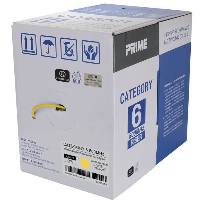 Cat.6 UTP 23AWG Solid CMR Bulk Cable, 1000ft, Yellow (UL)