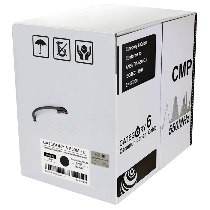 Cat.6 UTP 23AWG Solid CMP Bulk Cable, 1000ft, Black (UL)