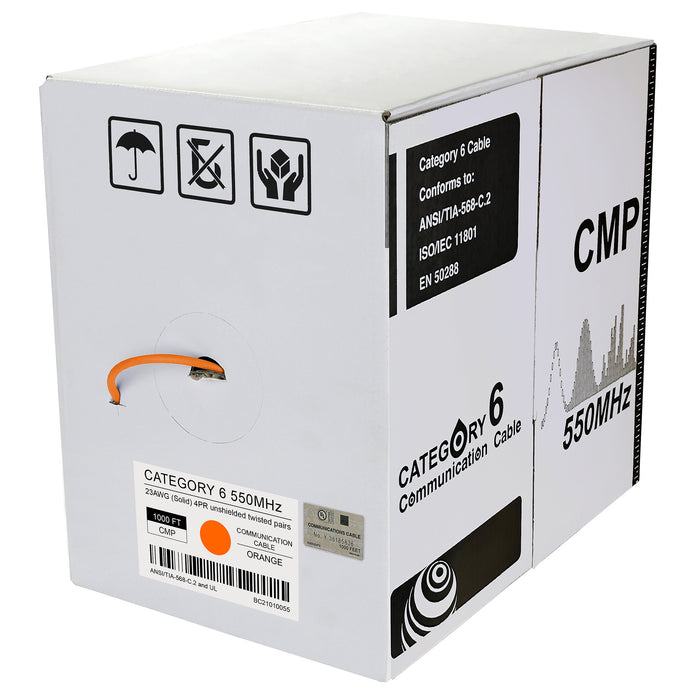 Cat.6 UTP 23AWG Solid CMP Bulk Cable, 1000ft, Orange (UL)