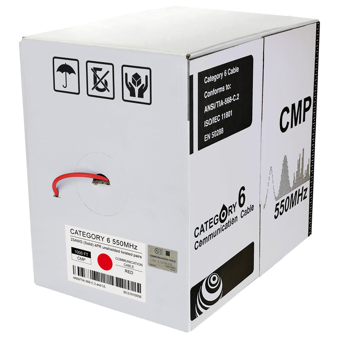 Cat.6 UTP 23AWG Solid CMP Bulk Cable, 1000ft, Red (UL)