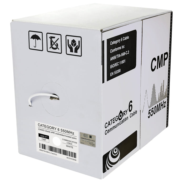 Cat.6 UTP 23AWG Solid CMP Bulk Cable, 1000ft, White (UL)