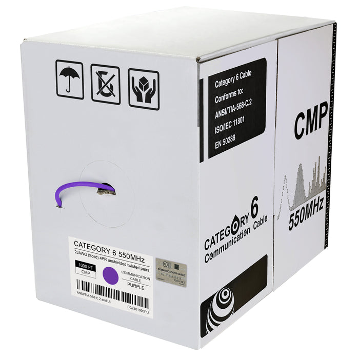 Cat.6 UTP 23AWG Solid CMP Bulk Cable, 1000ft, Purple (UL)